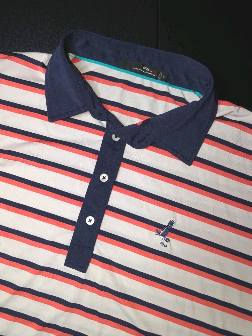 Ralph Lauren RLX Golf Polo XL Orange Blue White Stripe Bird Fish Logo